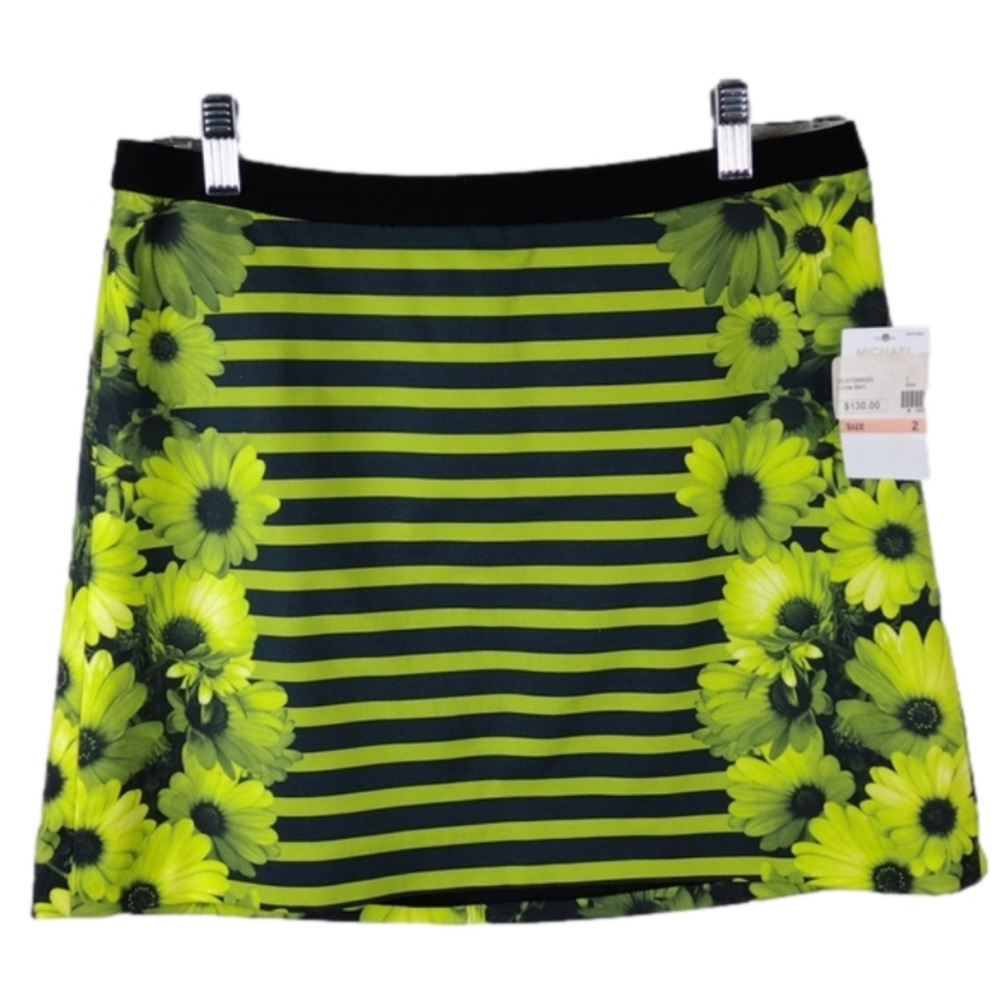 Michael Michael Kors Kiwi Floral Stripe Zipper Back Slip On A-Line Mini Skirt